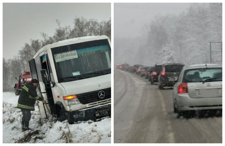 Многокилометровые заторы и ДТП: последствия снегопада в Житомирской области. ФОТО